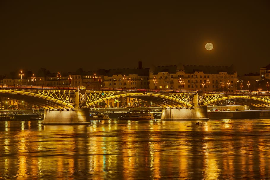 full moon, bridge, danube, river, moonlight, capital, city HD wallpaper