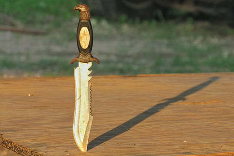 knife, stab, handle, eagle, shadow, table, steel, sunlight HD wallpaper
