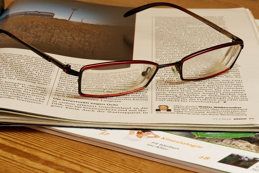 newspaper, glasses, read, education, pen, filler, wood, office HD wallpaper