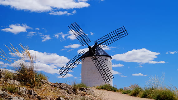 consuegra, spain, mill, white, wind, sky, clouds, storage, la mancha HD wallpaper