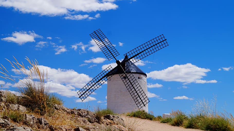consuegra, spain, mill, white, wind, sky, clouds, storage, la mancha HD wallpaper