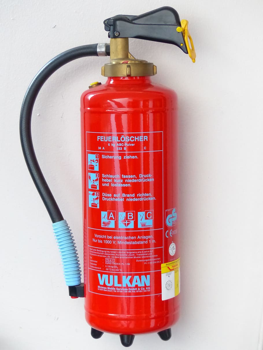 red Vulkan fire extinguisher on white wall, delete, protection HD wallpaper
