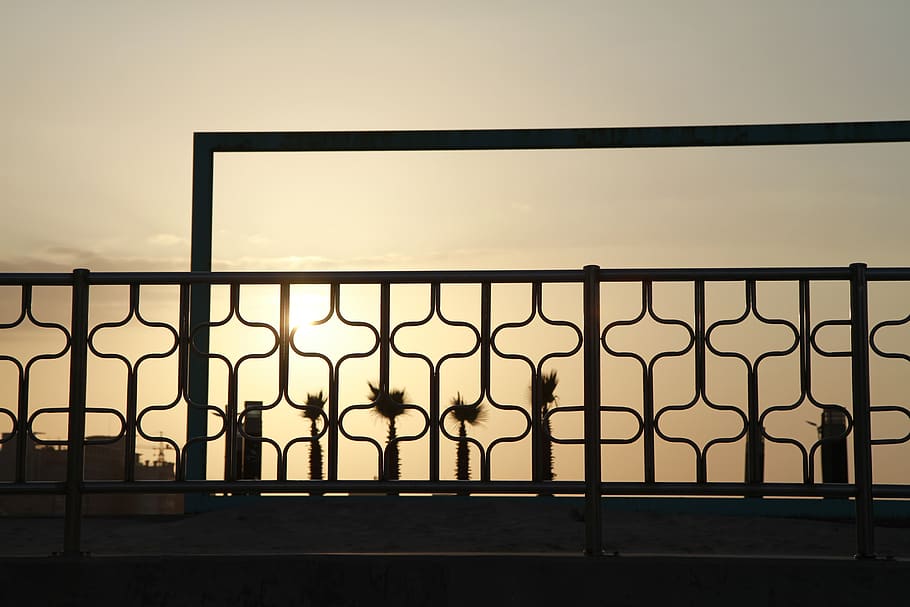 silhouette, sunset, backlit, sea, solar, sky, back light, railing HD wallpaper