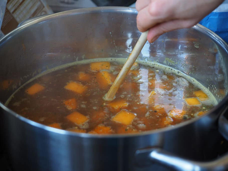 person about to stirring cook pot, vegetables, gemüsetop, vegetable broth HD wallpaper