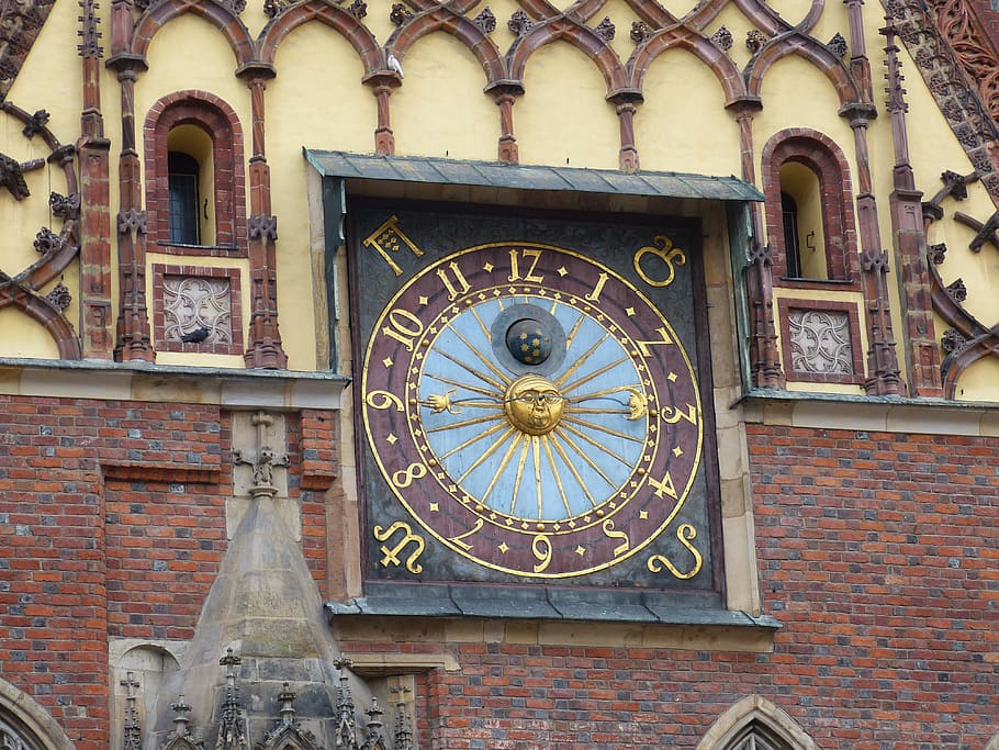 town hall, clock, clock face, wroclaw, poland, silesia, sun HD wallpaper