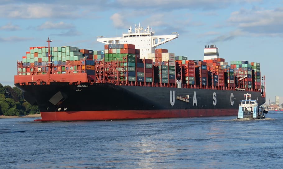 red and black UASC cargo ship on body of water, container, container ship, HD wallpaper