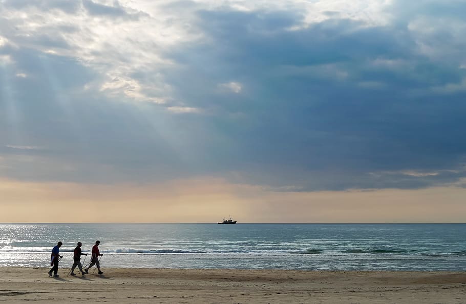 sun, clouds, sky, ocean, sea, ship, beach, travel, adventure HD wallpaper