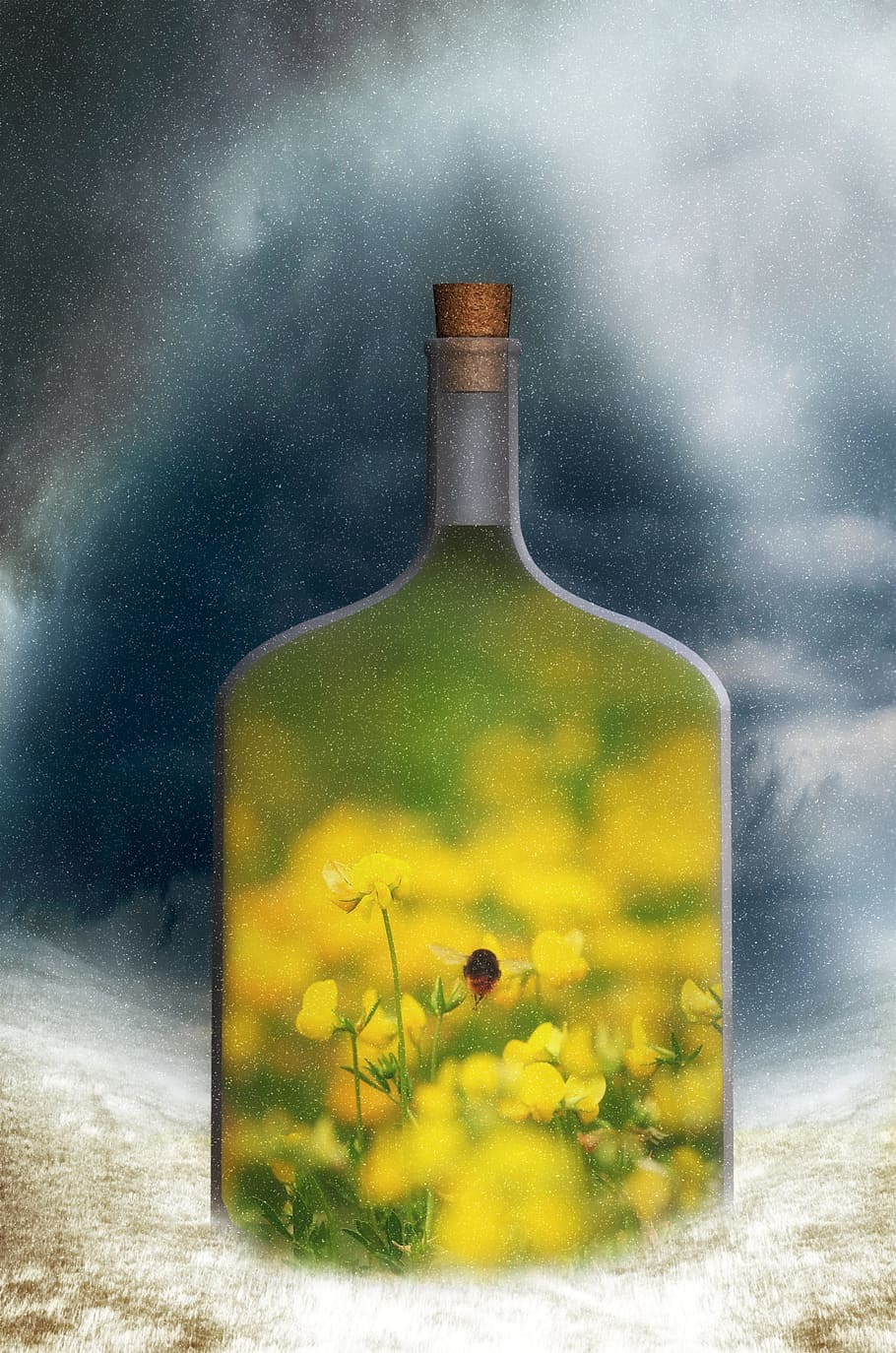 yellow petaled flower and bottle painting, fantasy, surreal HD wallpaper