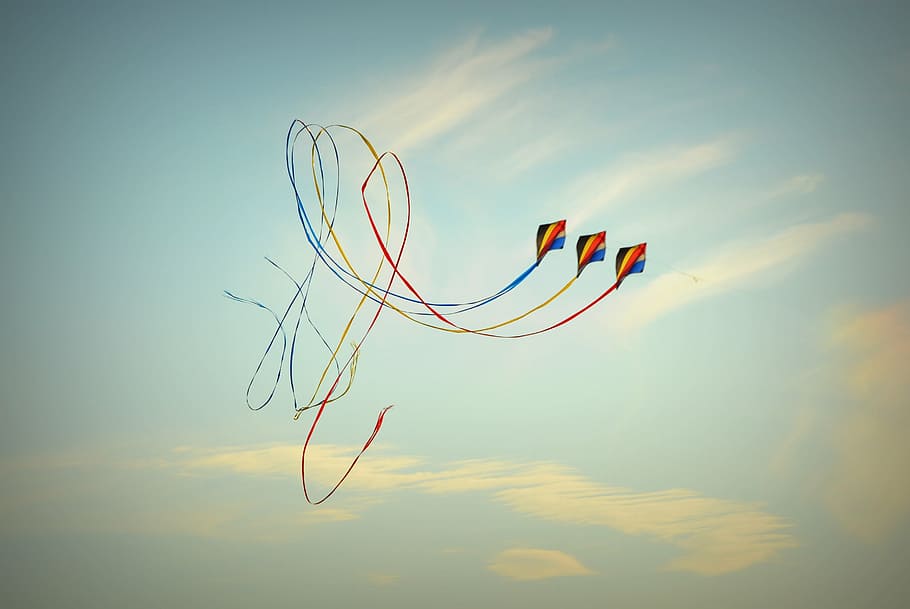 three blue-and-red kites, wind kite, blue sky, air, clouds HD wallpaper