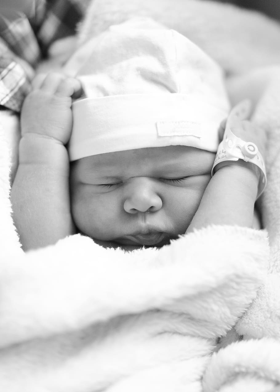HD wallpaper: grayscale photo of newborn baby closing her eyes, knit ...