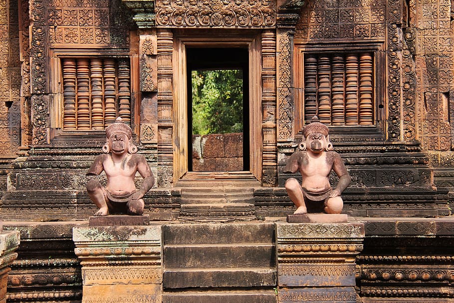temple facade, banteay srei, travel, antique, old, beautiful