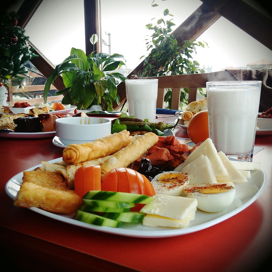 breakfast, food, morning, tea tomato, cheese, milk, salad, egg, HD wallpaper