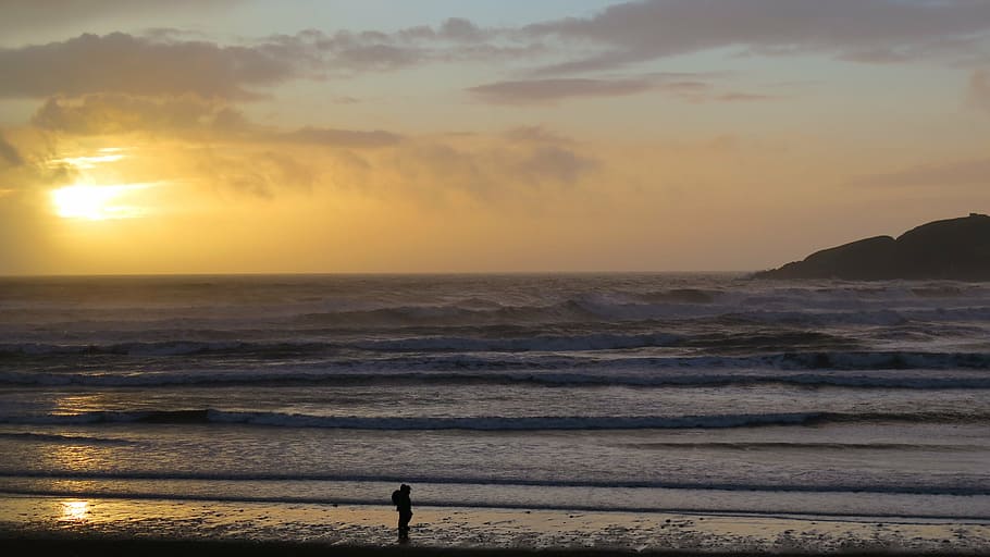 silhouette of man standing beside seashore, person, near, beach HD wallpaper