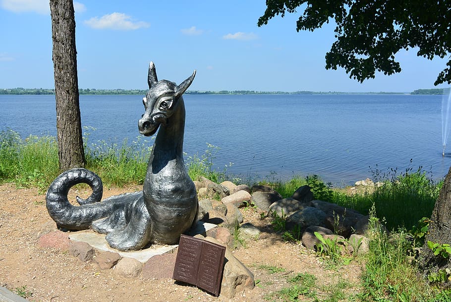 dragon, lake, tree, book, monument, nature, landscape, water HD wallpaper