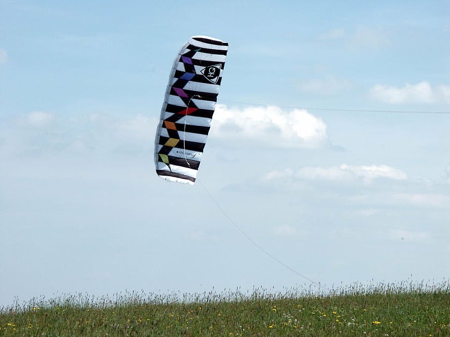 kite, fly, dragon, sky, blue, clouds, meadow, green, idyll HD wallpaper