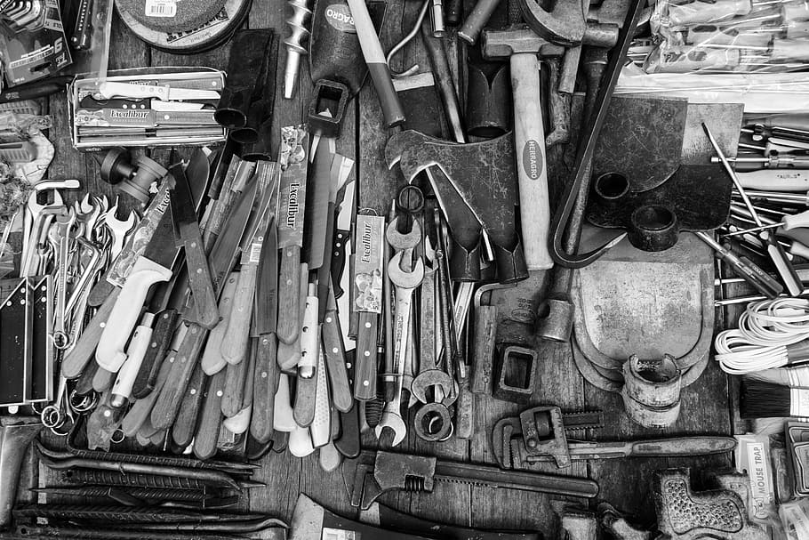 grayscale photo of assorted tools, black, black and white, black wallpaper, HD wallpaper