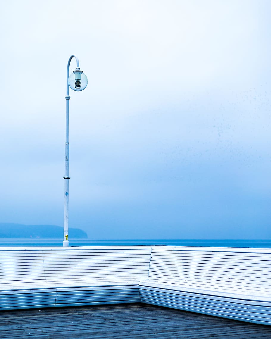 Online crop | HD wallpaper: blue, sky, ocean, sea, coast, shore, bench