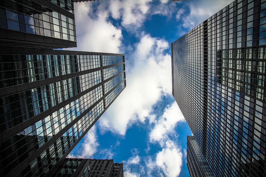 worms eyeview of gray buildings during clear skies, clouds HD wallpaper
