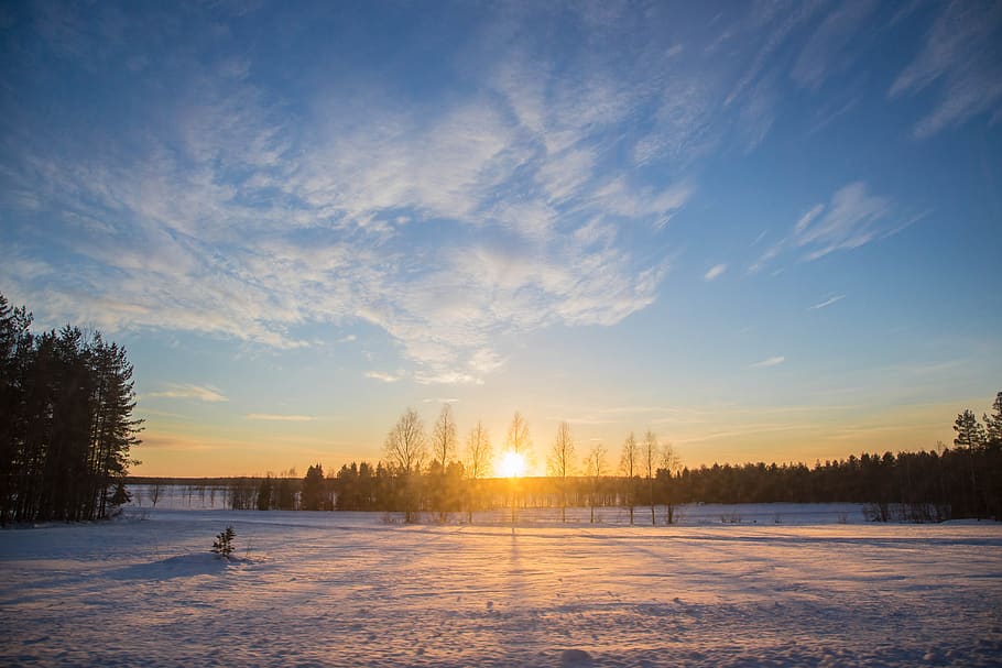 yellow river, snow, sun, winter, cold temperature, sky, sunset HD wallpaper