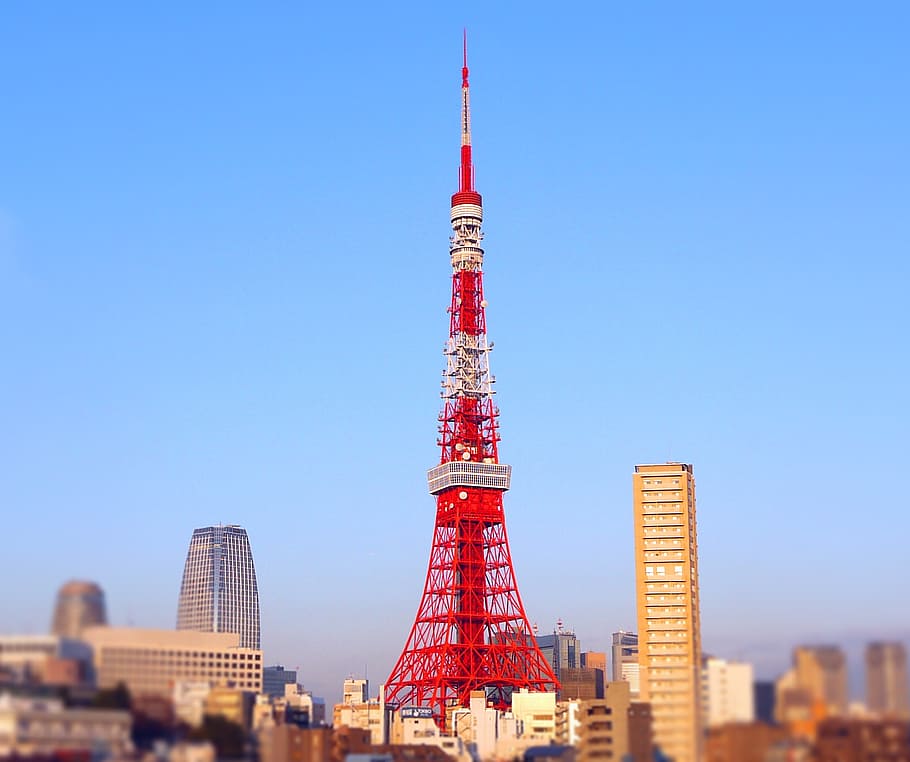 Tokyo Tower, shiba, minato-ku, japan, bill, blue sky, cloud, red, HD wallpaper