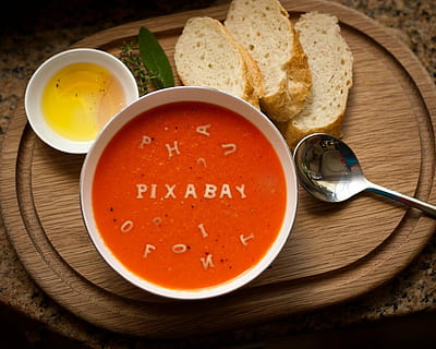 sliced bread on brown wooden tray and broth on white ceramic bowl HD wallpaper