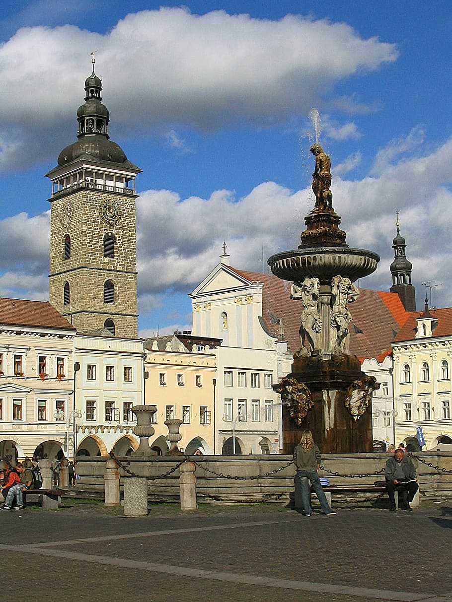 Town Square, Fountain, Old, historical city, black tower, budweis, HD wallpaper