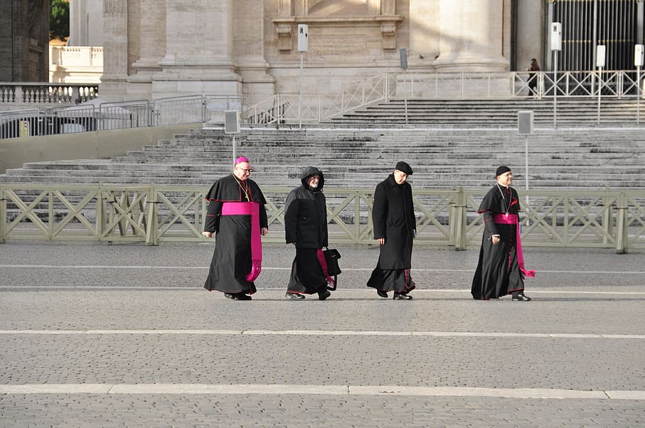 four people walking on the road, religion, vatican, rome, bishop