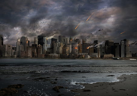raining meteor at the city, explosion, building, sky, fire HD wallpaper