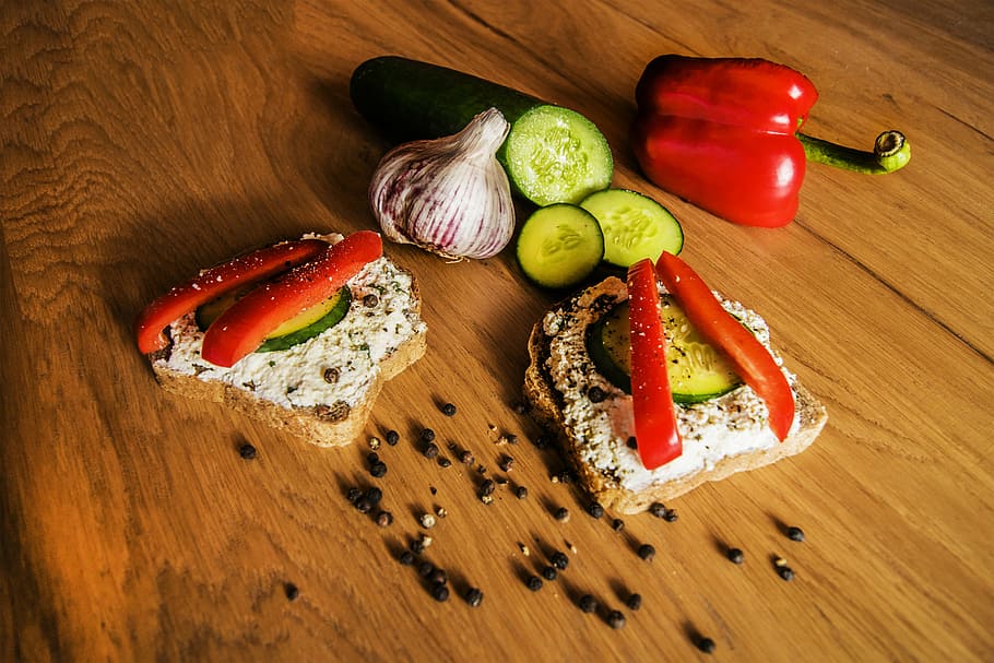 bread, vegetables, pepper, paprika, cheese, dining table, cucumber HD wallpaper