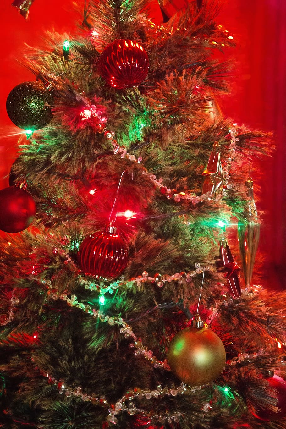 christmas tree, red, green, lights, xmas, decoration, holiday HD wallpaper