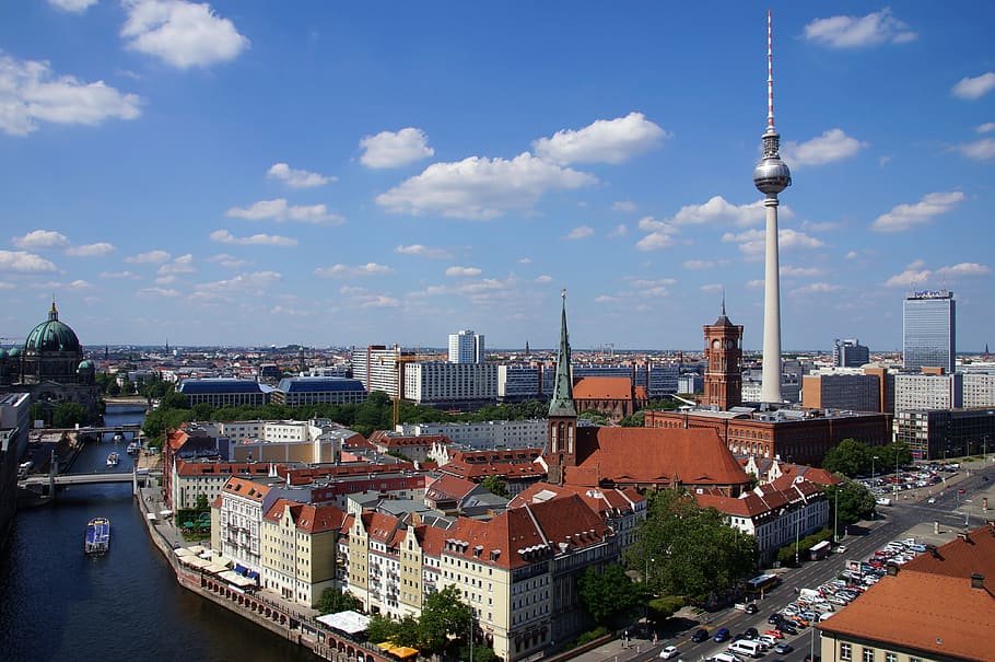 tower beside tall buildings, Berlin, Tv Tower, Nikolaiviertel