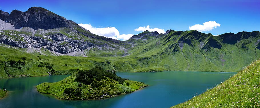 green mountain and lake, schrecksee, allgäu, hochgebirgssee, HD wallpaper