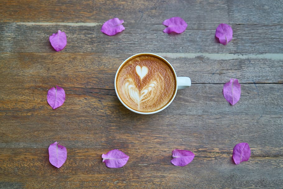 white ceramic mug with petals, coffee, cafe, table, food, drink HD wallpaper