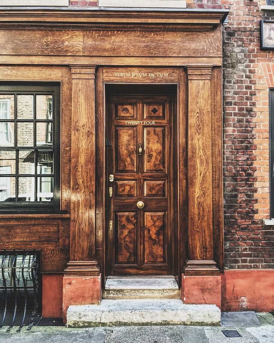 bricks, wall, house, door, window, glass, steel, stair, entrance HD wallpaper