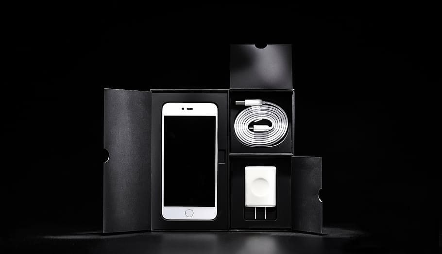 white Android smartphone with charger and box, black and white, HD wallpaper