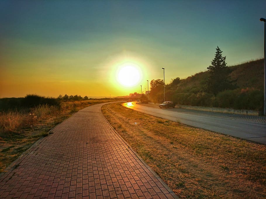 away, road, sun, sunset, sky, turquoise, yellow, grass, meadow HD wallpaper