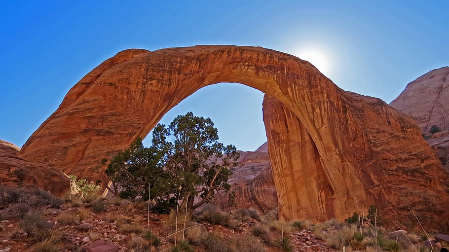 brown rock arch, rainbow, bridge, lake, powell, water, rock - object HD wallpaper