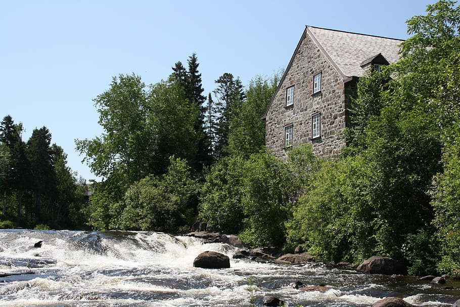 mill, river, water courses, summer, house, laterrière, tree HD wallpaper