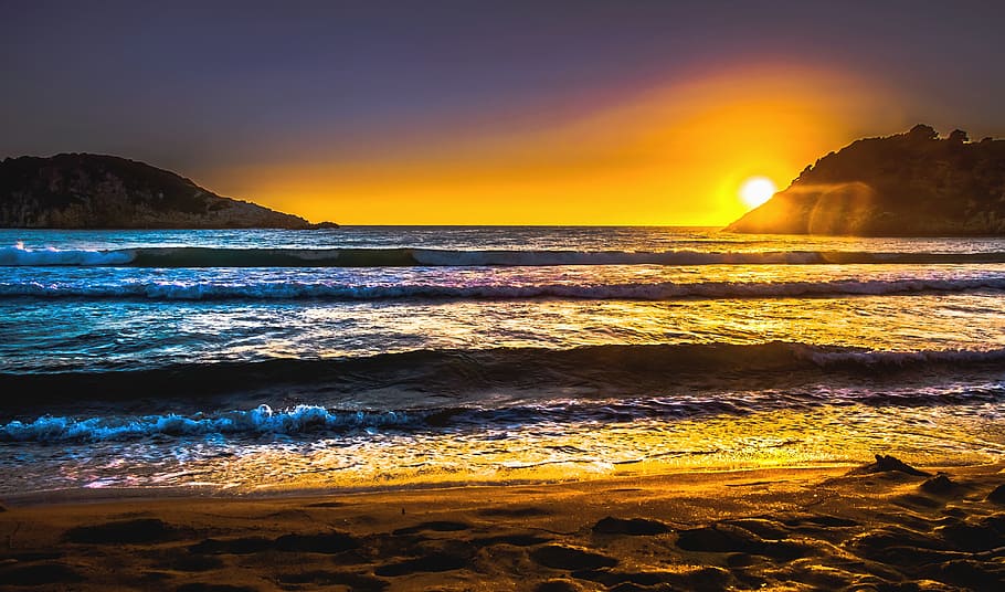 sunset, sea, wave, sand, summer, topio, beach, greece, west HD wallpaper