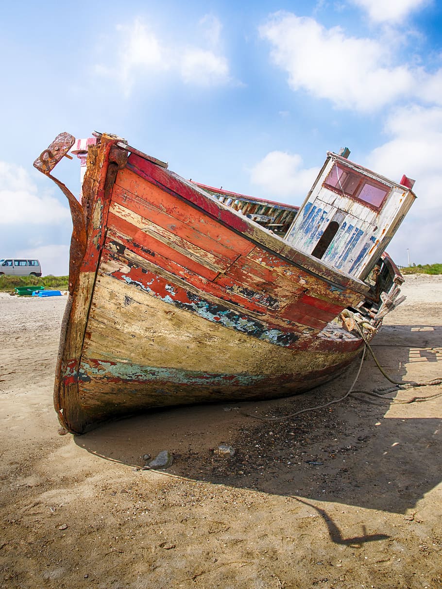 wrecked boat on shore, Portbail, France, Ship, nautical vessel