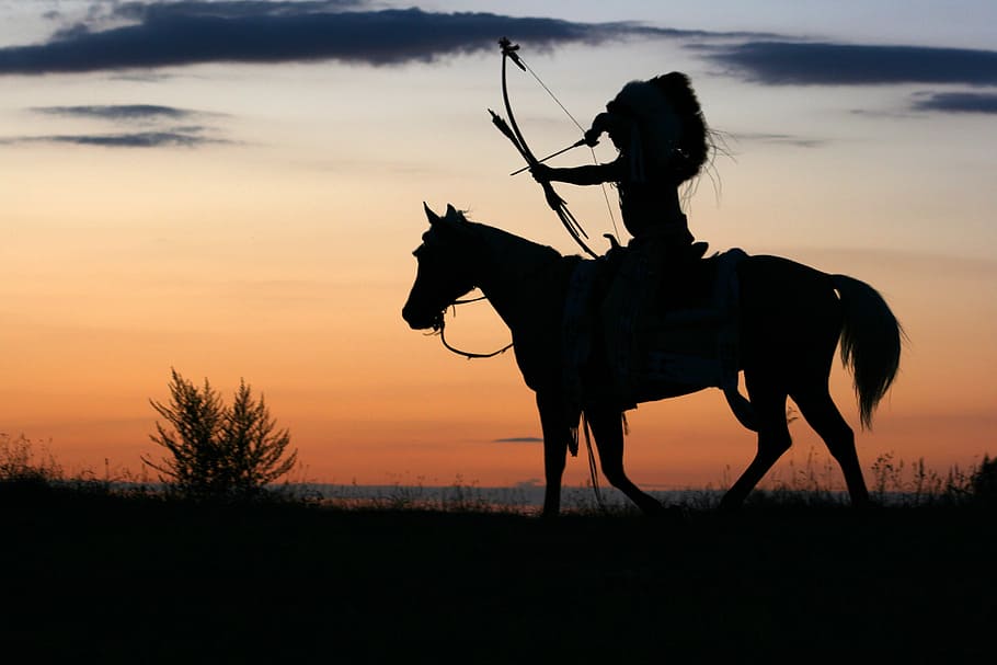 silhouette photo of man riding horse during golden hour, indian