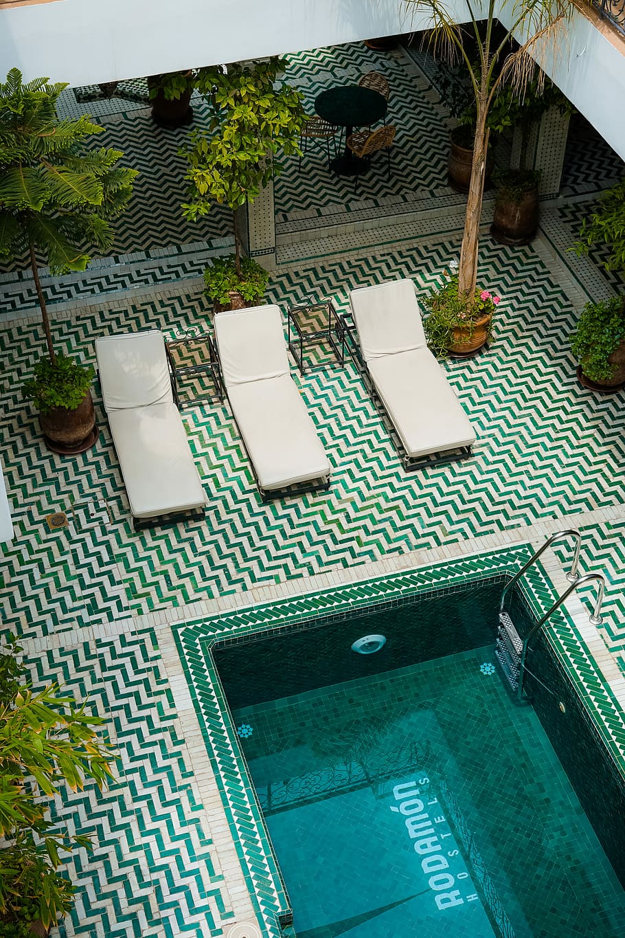 three lounges on pool area, three white lounge chairs beside pool HD wallpaper