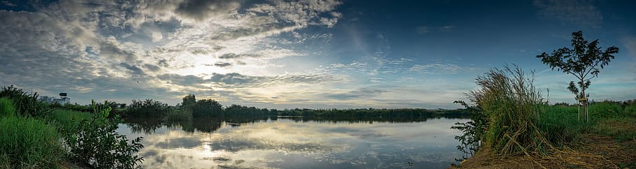 cloud, dawn, daylight, grass, idyllic, lake, landscape, nature HD wallpaper