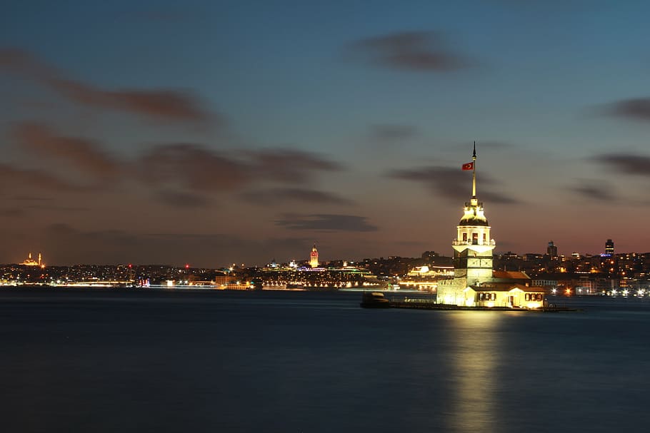 Maiden's Tower, Istanbul, Turkey during nighttime, marine, blue