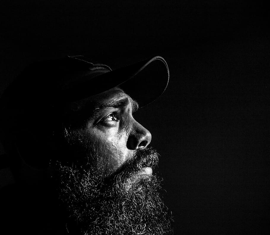 man with black beard wearing black cap on grayscale photography, HD wallpaper