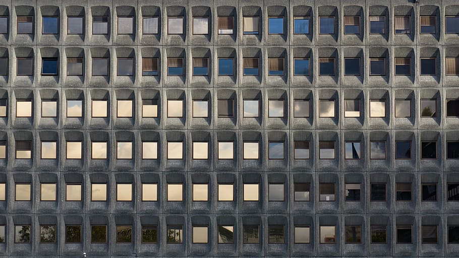 wide angle photo of building, gray concrete framed glass building during day HD wallpaper