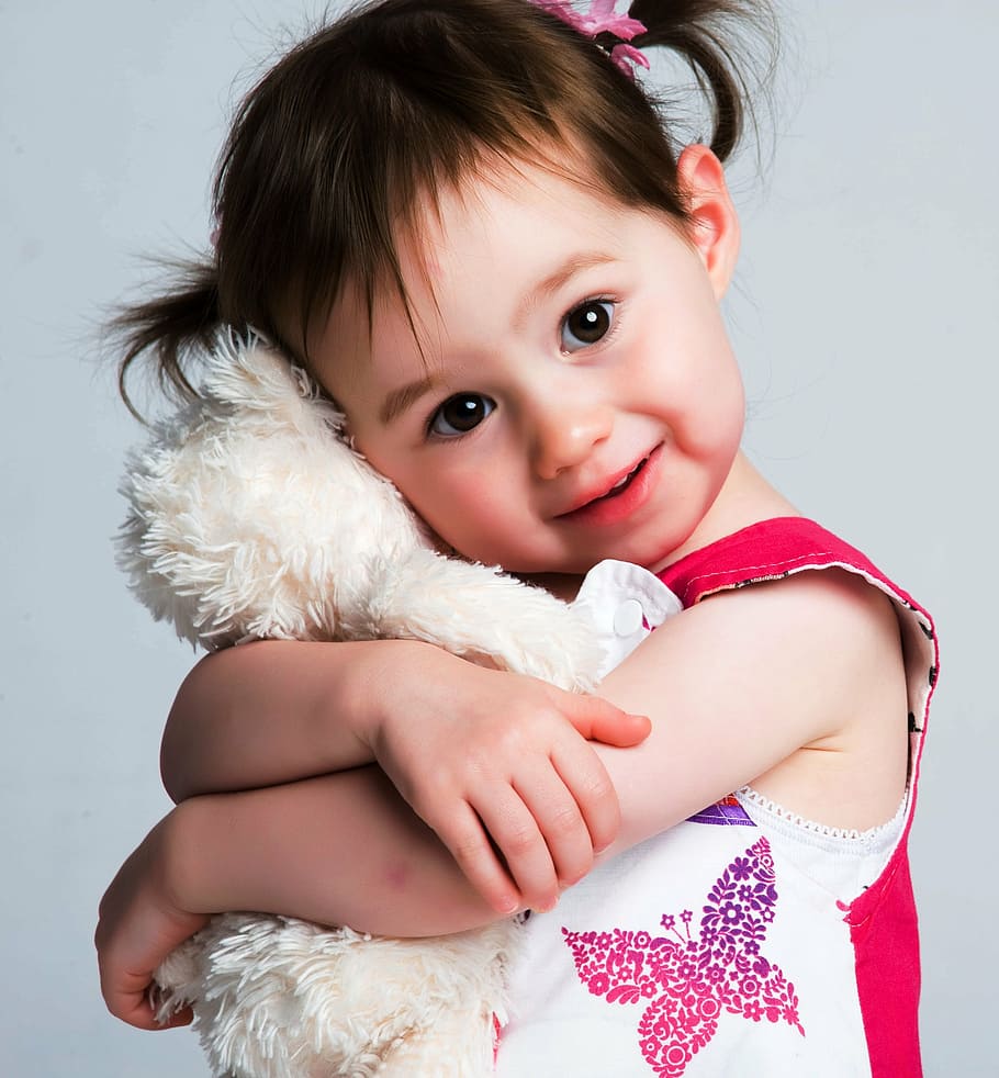 toddler wearing red top hugging white plush toy, child, girl HD wallpaper