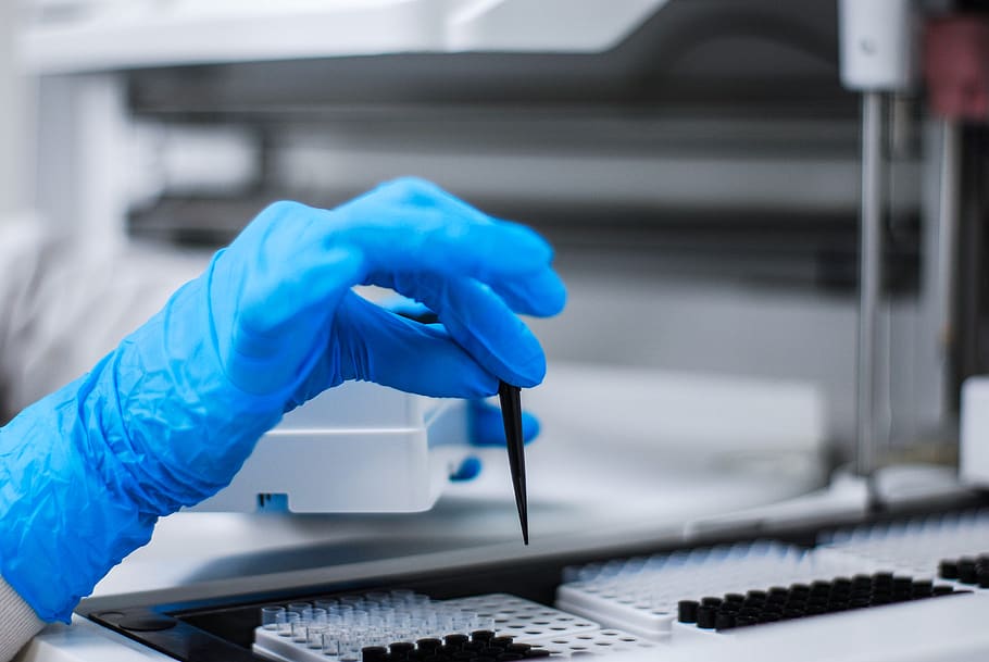 lab, experiment, test, chemistry, human hand, protective glove HD wallpaper