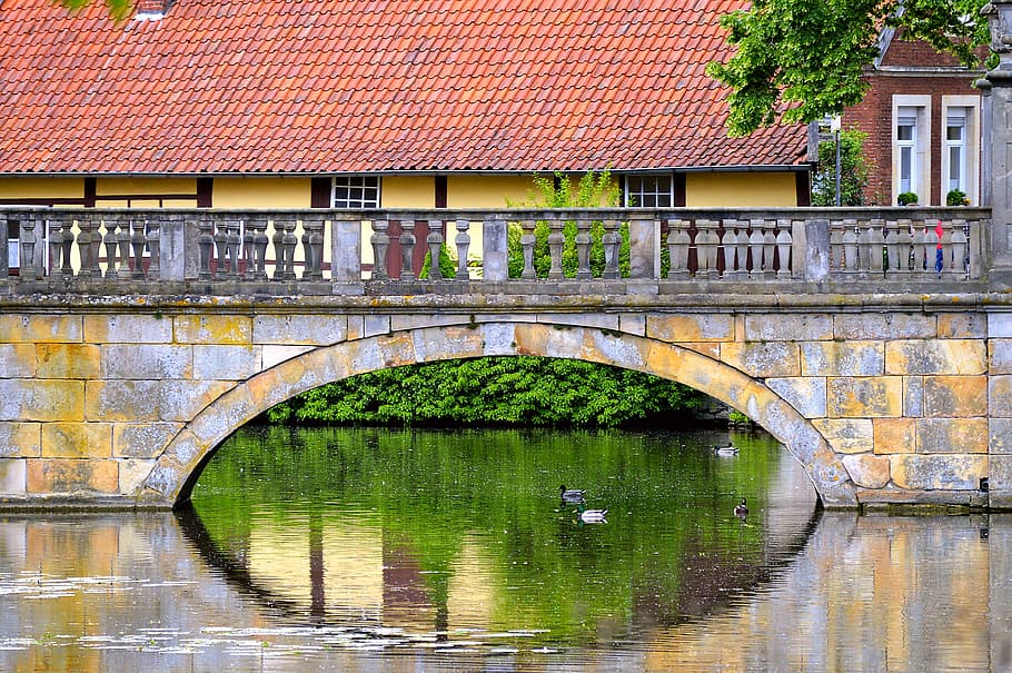 Water, Window, Stone Bridge, tile, ducks, red, yellow, lake HD wallpaper