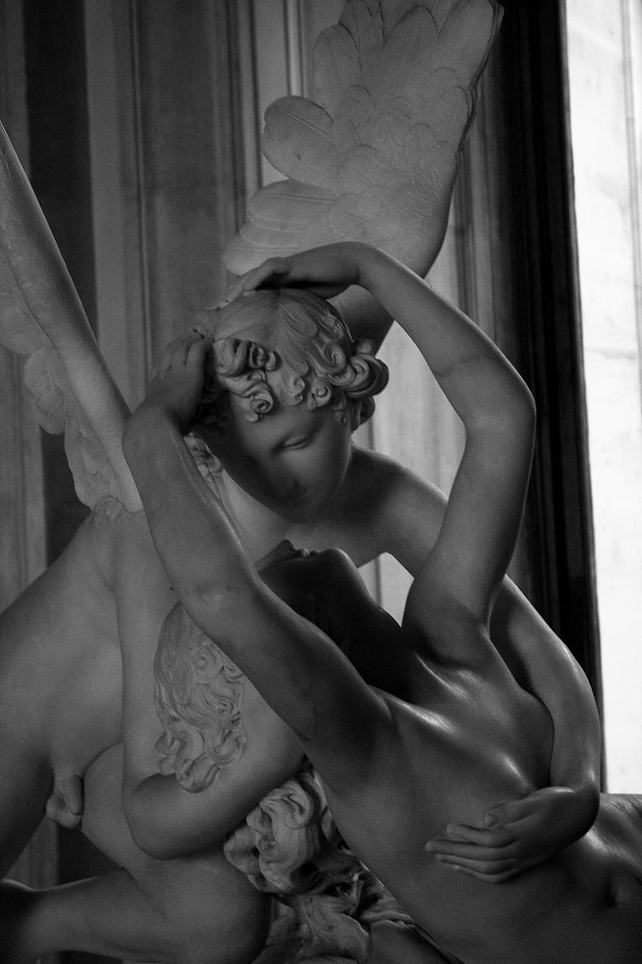 cupid and psyche, louvre, paris, statue, museum, indoors, one person